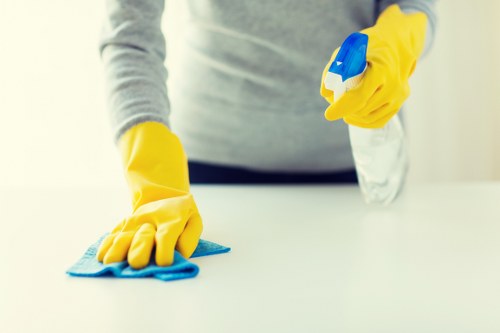 Cleaner working in a Balham home kitchen during a regular cleaning visit