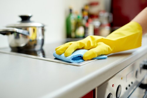 Cleaner reviewing property conditions and safety requirements